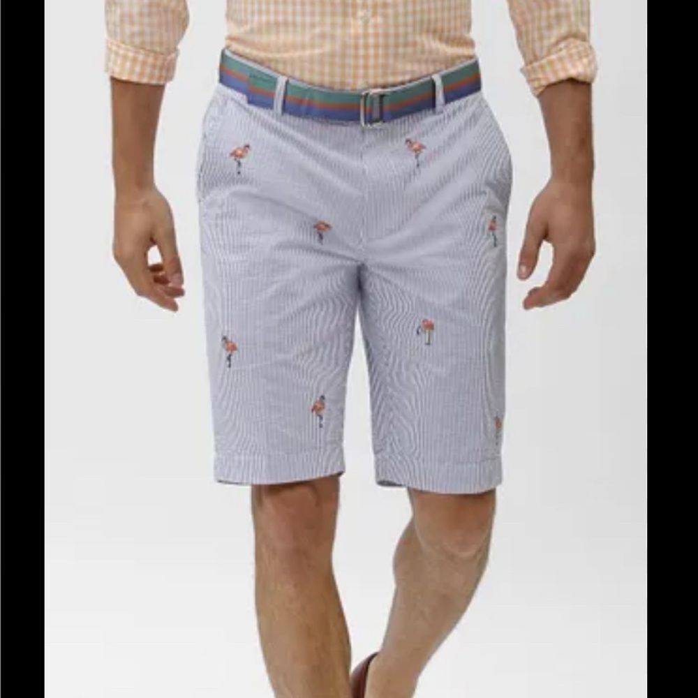 Brooks Brothers Seersucker Blue Flamingo Embroidered Shorts Summer- Size 33